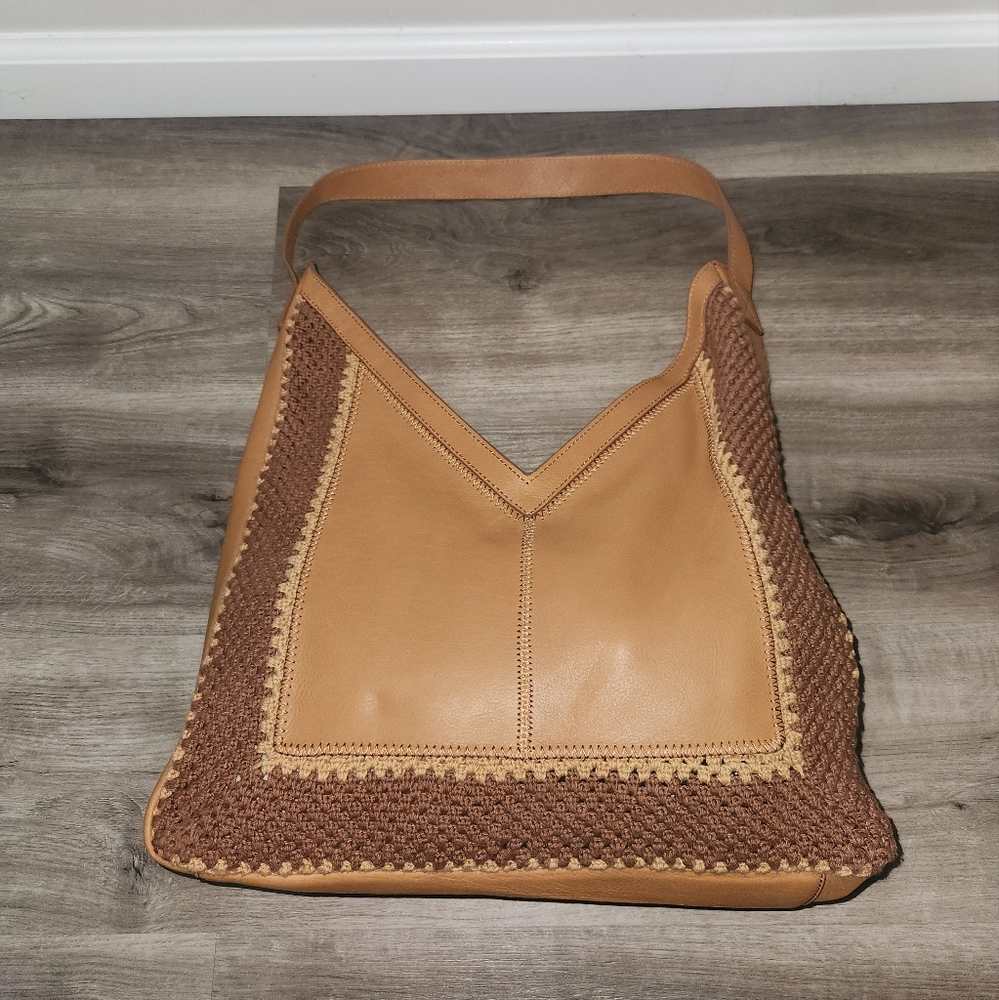 HOBO‎ Daisy Brown Crochet 100% Cow Leather Cotton Shoulder V Bag - Picture 3 of 10